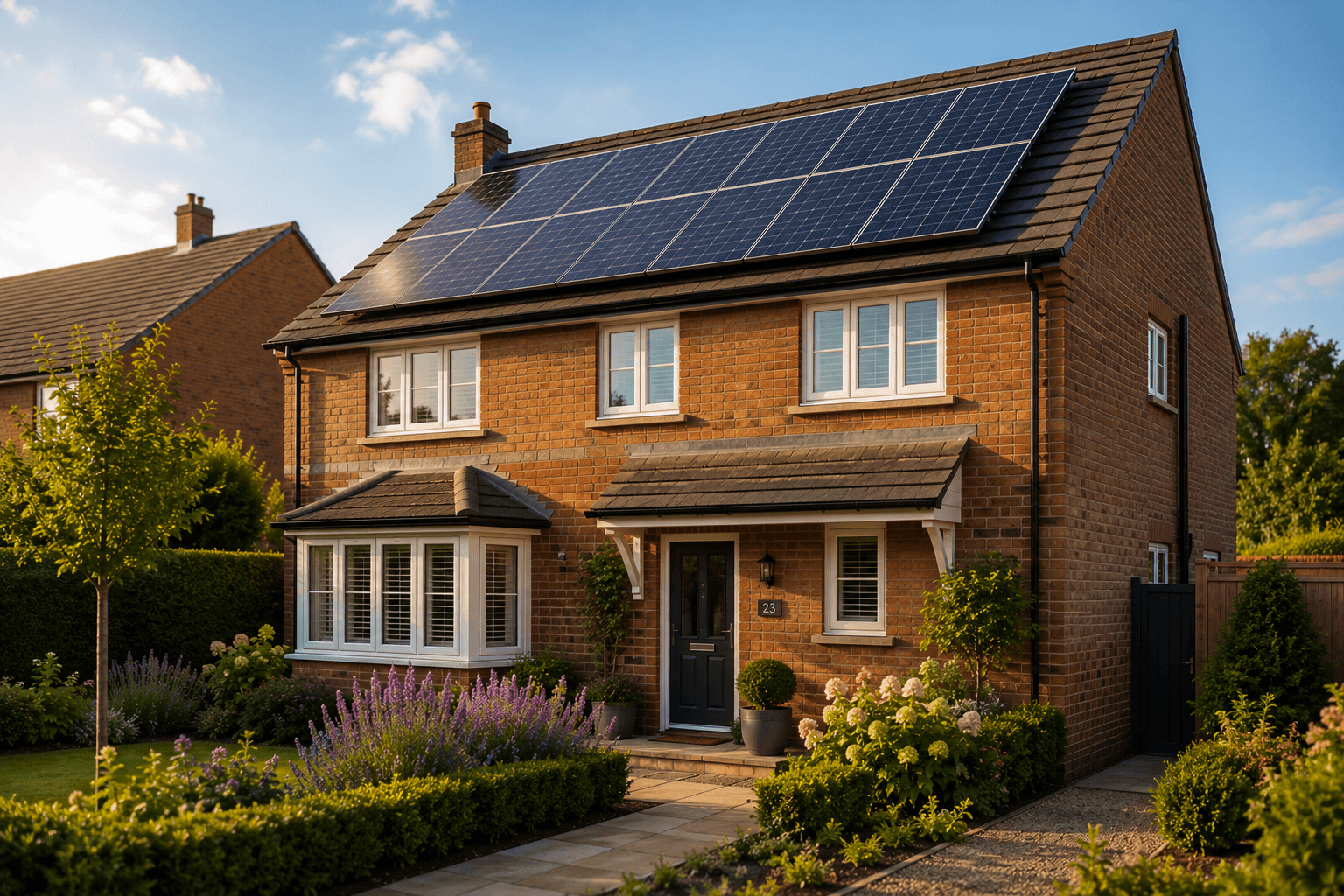 Solar panels on a home roof at midday