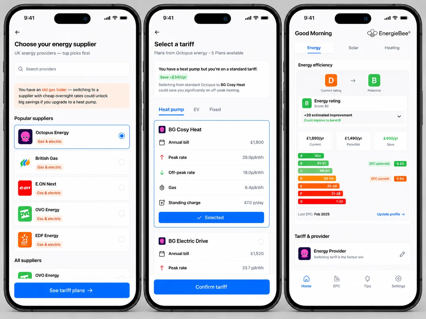 Energiebee tariff option app view